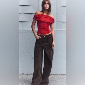 ZARA red gold off shoulder shirt top skirt pants aritzia reformation SOLD OUT!